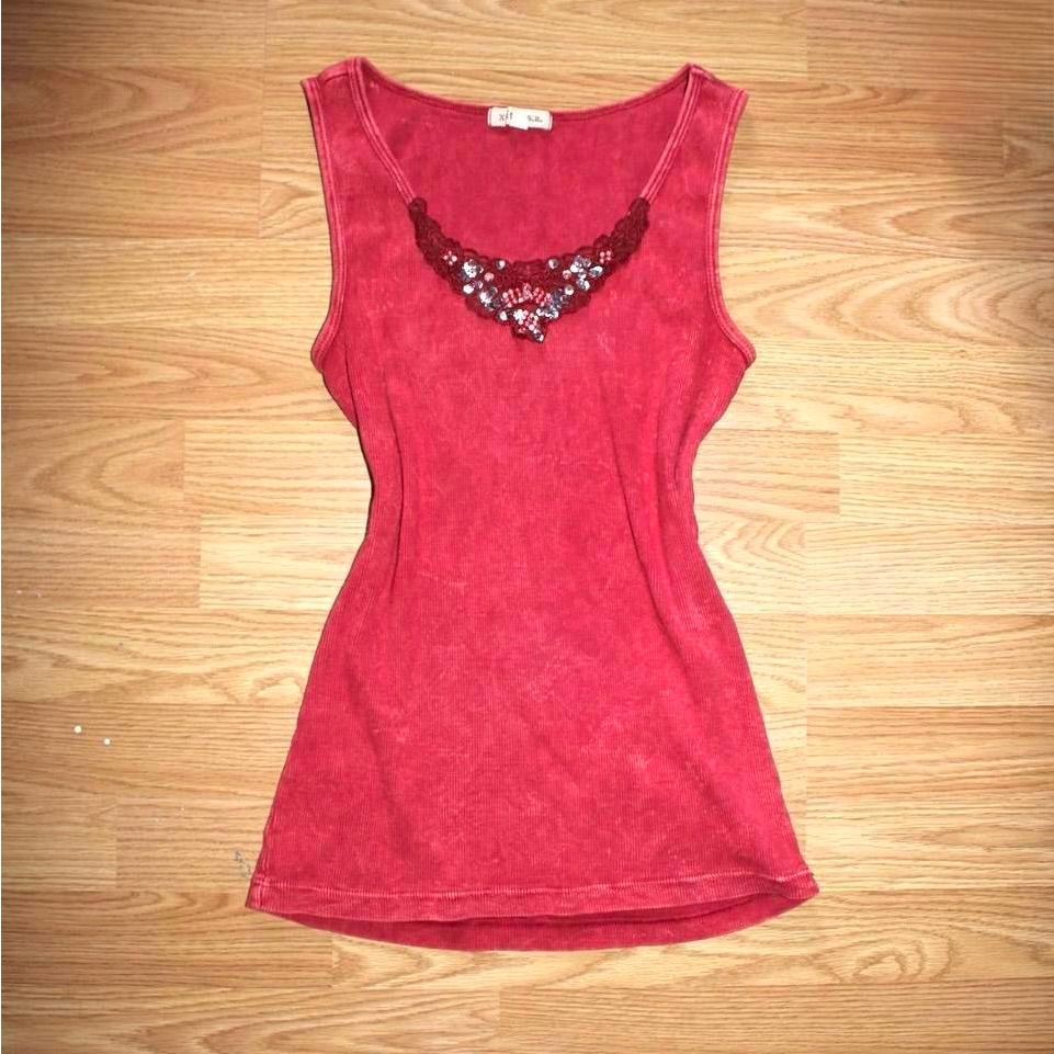 Red Sleeveless Top With Embellished Neckline
